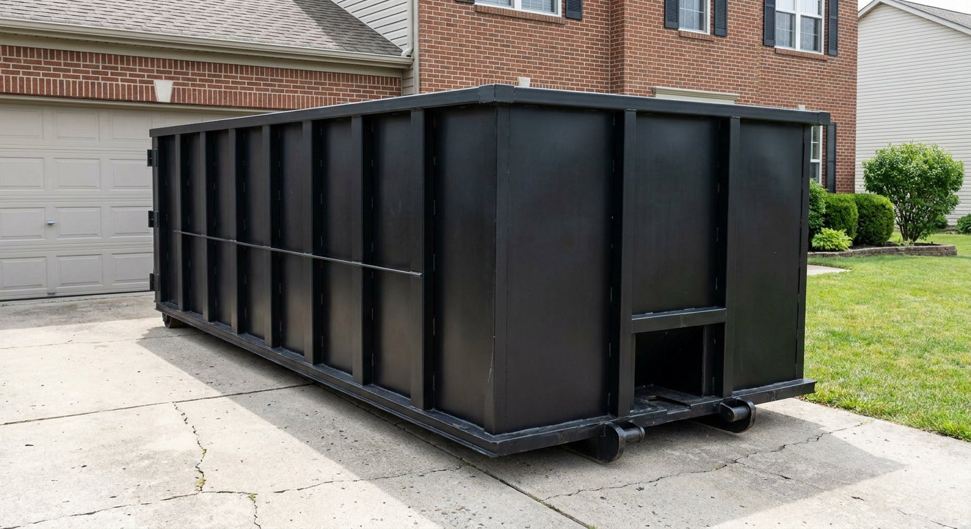Matte-black 20-yard roll-off container on a Phoenix residential concrete driveway with reinforced ribbed steel sidewalls and a hinged rear walk-in door, clean bright daylight.